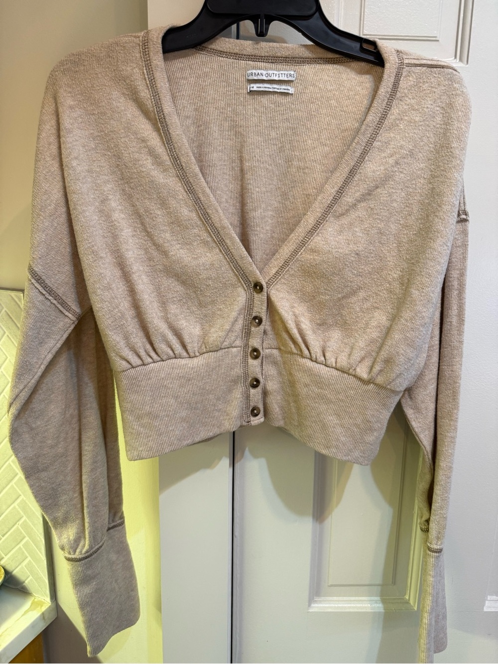 Urban Outfitters Taupe Cropped V-Neck Button Cardigan